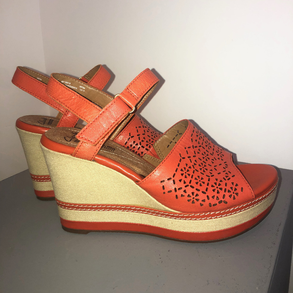 Clarks wedge sandals, size 8, coral / salmon color